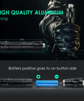Hella Bright Rechargeable Flashlight for Camping and Outdoors Delivers 1500m Long Range Beam and 2000 Lumen Power Waterproof Torch with Rugged Build Multiple Modes USB Recharge Green Gift Box Included held showing aluminum build and battery placement.
