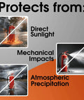 Large Fire Extinguisher Cover Pack Of 6 Heavy Duty Dustproof Scratch Resistant Protective Sleeve For 10 To 20 Lbs Units Waterproof Weatherproof Shield Clear Durable Cover For Home Office Boat Car Emergency Equipment shown protecting against direct sunlight, mechanical impacts, and precipitation.