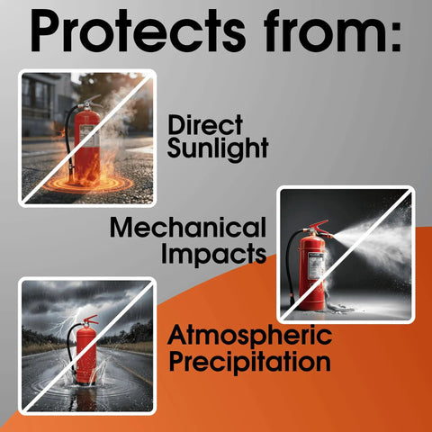 Large Fire Extinguisher Cover Pack Of 6 Heavy Duty Dustproof Scratch Resistant Protective Sleeve For 10 To 20 Lbs Units Waterproof Weatherproof Shield Clear Durable Cover For Home Office Boat Car Emergency Equipment shown protecting against direct sunlight, mechanical impacts, and precipitation.