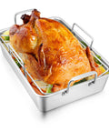 Heavy Duty Stainless Steel Roasting Pan With V Rack For Turkey And Chicken, Toaster Oven Safe, with roasted chicken visible.