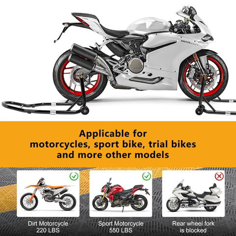 Beefed Up Heavy Duty Rear Wheel Lift Motorcycle Stand Up To 850 Lbs With UL Fork Combo for sport bike on stand, black metal frame.