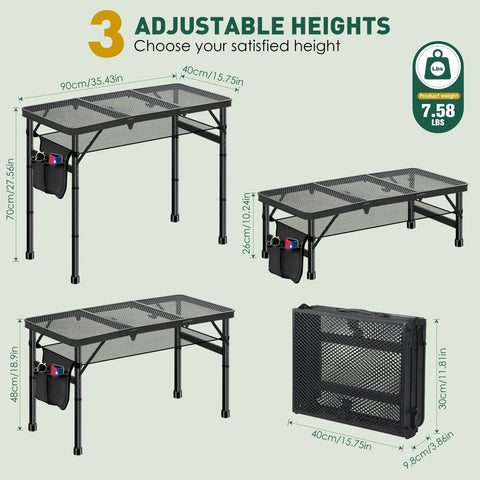 Aluminum Folding Camping Table With 3 Adjustable Heights Up To 27.5 Inches, 3 Foot Portable Picnic Table For Outdoors Backyards Beach And BBQ