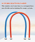 36 Inch Flexible Stainless Steel Corrugated Water Heater Connector With Three Quarter FIP Ends Heavy Duty Supply Line For Hot And Cold Red Blue Color Coding Leak Proof No Kink Fits Water Softener And Residential Water Systems displayed with blue and red hoses against a light backdrop