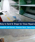 Workshop using Fiberglass Reinforced Polyester Structural Repair Putty Quart Kit for boats and cars, marine grade.