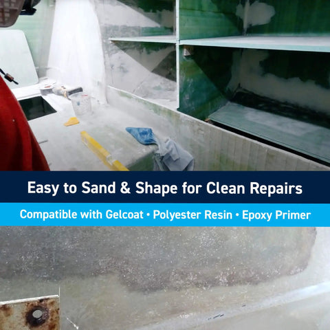 Workshop using Fiberglass Reinforced Polyester Structural Repair Putty Quart Kit for boats and cars, marine grade.