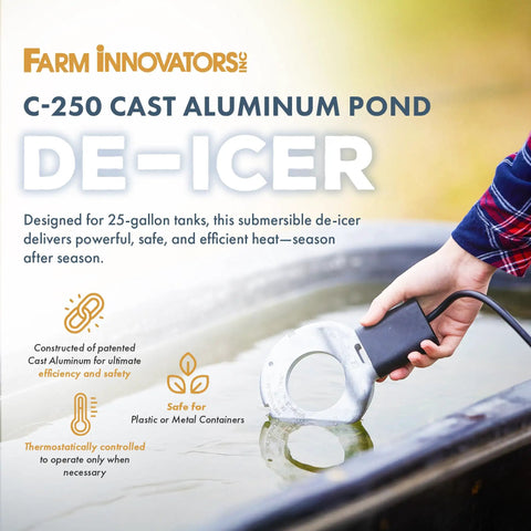 Utility Deicer For Up To 25 Gallon Water Containers With 250W Thermostatically Controlled Heater in use with hand holding unit