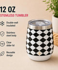 Premium Double Wall Insulated Stemless Wine Tumblers With Slider Lids 12 Oz Set featuring a black and white checkered design.
