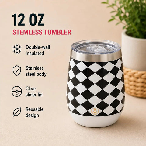 Premium Double Wall Insulated Stemless Wine Tumblers With Slider Lids 12 Oz Set featuring a black and white checkered design.