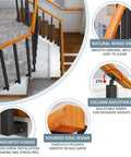 Top Shelf Adjustable Wooden Stair Railing Handrail Kit For Indoor Outdoor Use With Heavy Duty Wrought Iron Corner Brackets And Weatherproof Supports Slick Quick Setup showing natural wood grain and adjustable columns.