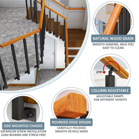 Top Shelf Adjustable Wooden Stair Railing Handrail Kit For Indoor Outdoor Use With Heavy Duty Wrought Iron Corner Brackets And Weatherproof Supports Slick Quick Setup showing natural wood grain and adjustable columns.