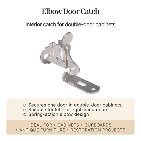 Top Shelf Nickel Plated Spring Action Elbow Door Catch And Latch For Antique Vintage Cabinet Hardware, 1-1/8 inch steel latch for double doors.