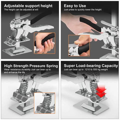 Labor Saving Arm Jack 8 Inch Multifunctional Furniture Lifter Jacks For Installing Cabinets And Doors Heavy Lifting Made Easy Up To 220 Lbs With Height Adjustment From 0.2 To 3.9 Inches Two Piece Solid Rods with features highlighted