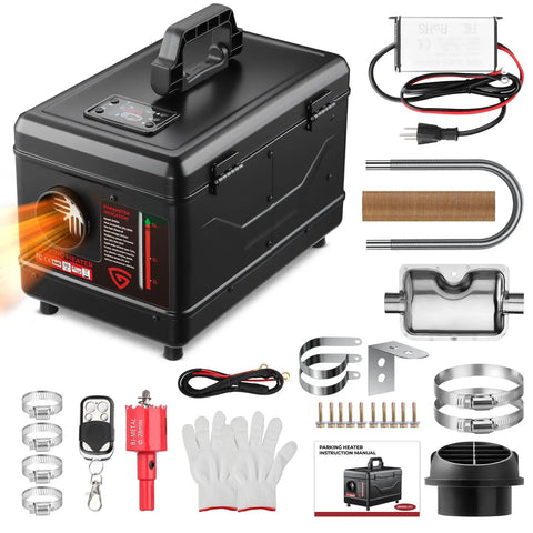 Portable Diesel Parking Heater 12V And 24V Dual Voltage 8Kw with toolkit components and user manual for cold weather use.