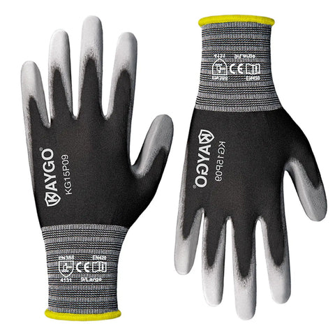 Ultra Thin PU Coated Safety Work Gloves With Breathable Nylon Knit For All Day Comfort, High Dexterity Grippy Anti Slip Grip, Light Duty Gloves For Precision, Warehouse DIY And Electronics, 12 Pairs Large Gray