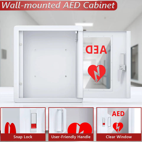 NLShan wall-mounted AED cabinet, white steel with clear PVC window and handle, front view