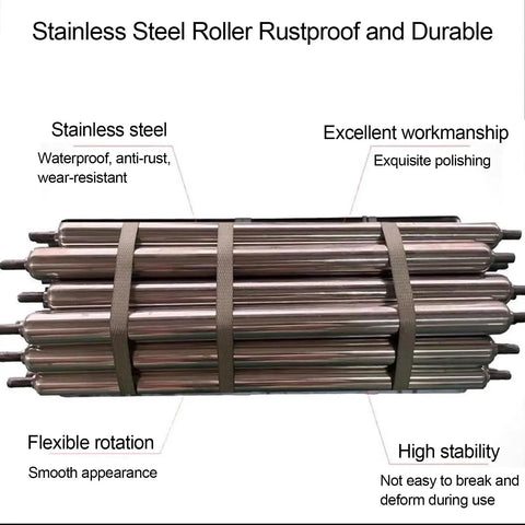 Roller Conveyor System With 2.5 Cm Galvanized Steel Rollers, Durable Unloading Solution For Warehouse Delivery And Material Handling, Over 150 Cm Length That Splices, 30 To 40 Cm Wide Steel Frame, Built For DIY And Industrial Use, stainless steel rollers stacked