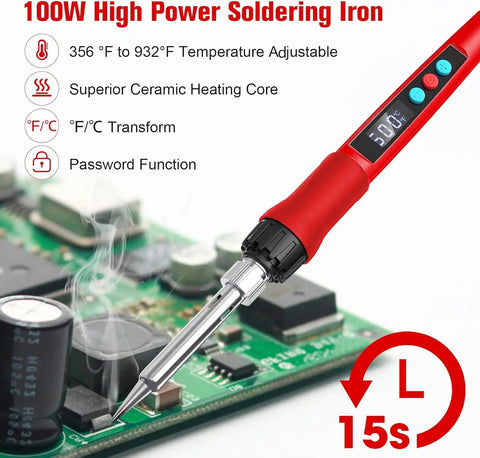 Pro Grade 100W Digital Soldering Iron Kit With Ceramic Heater And LED Display in use on PCB for precise welds