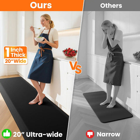 Comparison of 1 Inch Thick Anti Fatigue Kitchen Mat For Floor Non Slip Waterproof Standing Desk Mat For Kitchen Use Ideal For Cooking Cleaning And Working At The Counter Or Sink Black 20 By 72 Inches with narrower mat.
