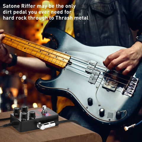 Electric bass guitar being played next to Riffer High Gain Distortion Guitar Pedal With True Bypass For Front Of Amp Or Effects Loop Brutal Saturation And Wide Gain Range For Aggressive Metal Tones Punchy Low End And Searing Harmonics.