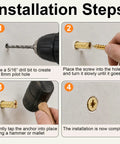 Installation steps for Heavy Duty Hinge Repair Screw Kit With 6 By 14 Mm Expansion Anchors showing pilot hole and anchor insertion.