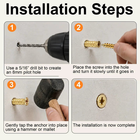 Installation steps for Heavy Duty Hinge Repair Screw Kit With 6 By 14 Mm Expansion Anchors showing pilot hole and anchor insertion.