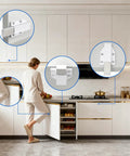 Slick Magnetic Push To Open Cabinet Latches, Zero Fuss Touch Release Door Hardware, Clean Cut Handleless Drawer Catches, Long Stroke Spring Loaded Plungers For Wardrobe And RV Spaces White 8 Pack installed on modern kitchen cabinetry.