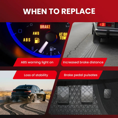 When to replace ABS wheel speed sensor showing warning lights, brake distance increase, stability loss, and pulsing pedal.