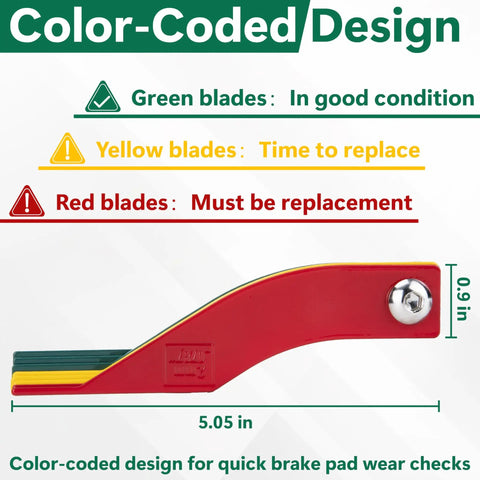 8 Piece Brake Pad Thickness Gauges Set With Color Coded Scale showing green, yellow, red blades for quick brake wear checks