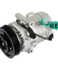 Plug And Play AC Compressor Pump For 2013 Through 2018 Hyundai Elantra Elantra GT Coupe 1.8L And 2.0L Engine side view showing pulley and fittings.