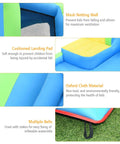 Close-up details of inflatable water slide with mesh netting, cushioned landing pad, oxford cloth material, and multiple belts.