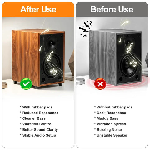 Comparison showing speaker performance before and after using Hella Grippy Rubber Speaker Isolation Feet Self Adhesive Anti Vibration Damping Silicone Bumpers For Guitar Amps Studio Monitors And Audio Gear Eight Pack.