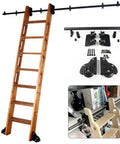Premium Rolling Ladder Extension Track System With Heavy Duty Floor Roller Wheels and Slick Round Tube Design for Effortless Loft Access and Top Notch Library Storage, showing wooden ladder components and hardware.
