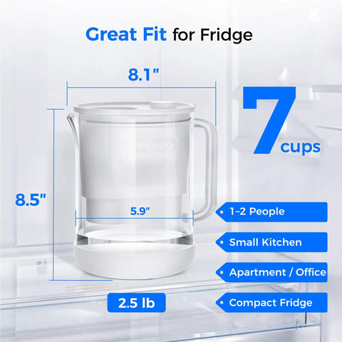 Glass Water Filter Pitcher, 7-Cup Capacity, Eco Friendly And BPA Free, Reduces PFOA PFOS, dimensions and fit in refrigerator