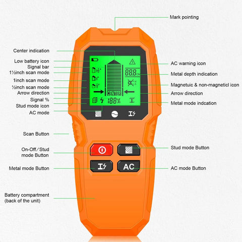 Wall Stud Finder Scanner LCD Display Electric Portable with detailed buttons and indicators for easy detection of studs and metal.