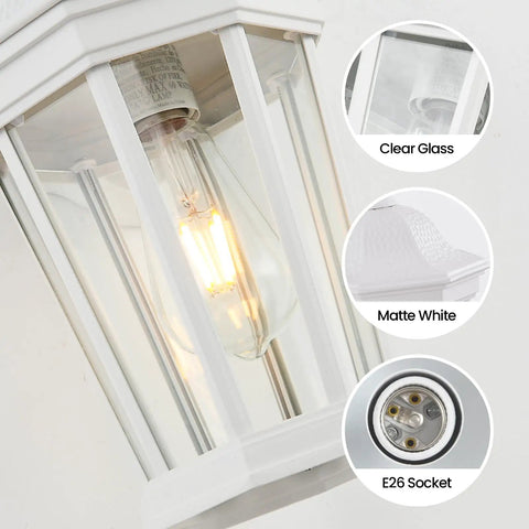Close-up of large outdoor wall lantern light fixture for porch and exterior, matte white finish with clear glass panels and E26 socket