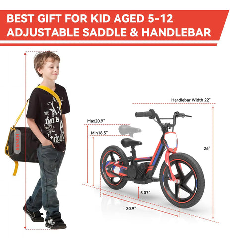 Kids Electric Dirt Bike 340W Racing Motorcycle With 24V Detachable Battery, Brushless Motor, Safe 3 Speed Modes, 16 Inch Off Road Tires, Mini Motocross Bike For Ages 5 To 12, Lightweight Yet Rugged Red, with adjustable saddle and handlebar