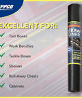 Roll of Heavy Duty Tool Box Liner For 24 Inch By 30 Foot Drawers, Black, Fits Most Tool Boxes With One Cut Install displayed on surface.