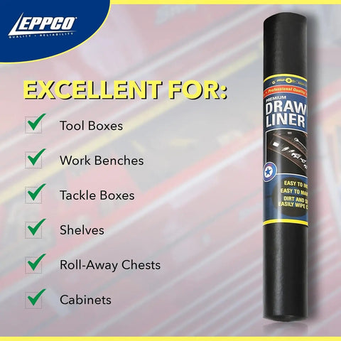 Roll of Heavy Duty Tool Box Liner For 24 Inch By 30 Foot Drawers, Black, Fits Most Tool Boxes With One Cut Install displayed on surface.
