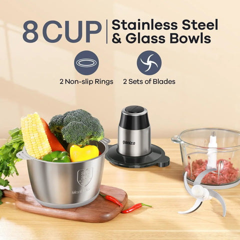 Two Bowls 450W Food Processor With Meat Grinder And Veggie Chopper, stainless and glass bowls, blades, vegetables on countertop