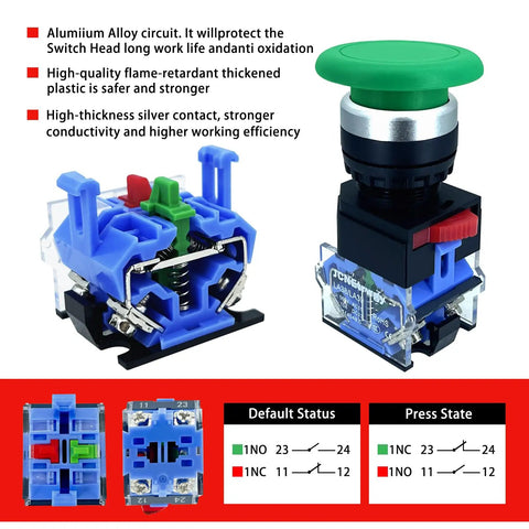 Green 22mm Mushroom Head Momentary Push Button Switch With 1NO 1NC Silver Contacts 10A Self Reset Start Stop Button For Industrial Automation Control Panels Built Beefy For Heavy Duty Use with diagram