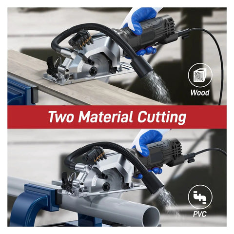 Professional Handheld Electric Circular Saw Featuring Quick Set Cutting Guide And High Torque Copper Motor slams through wood and PVC.