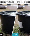 Before and after use of Heavy Duty Waterproof Butyl Sealing Tape With Aluminum Foil Backing stopping a bucket leak.