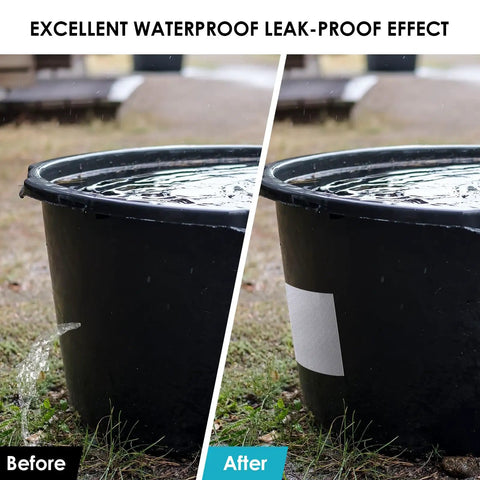 Before and after use of Heavy Duty Waterproof Butyl Sealing Tape With Aluminum Foil Backing stopping a bucket leak.