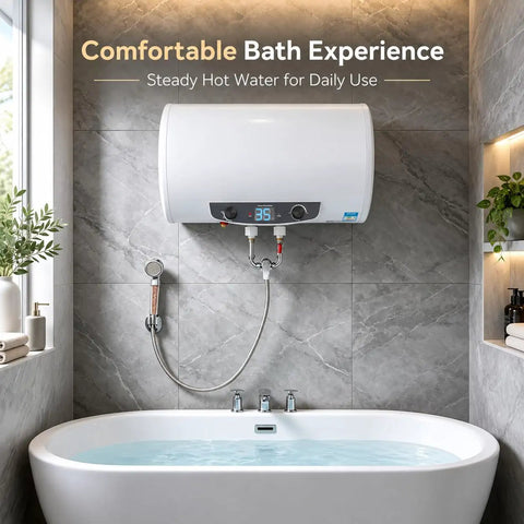 Heavy Duty Wall Mounted Electric Water Heater With 18.5 Gallon Tank And 1500 Watt Fast Heat Coil in modern bathroom setting.