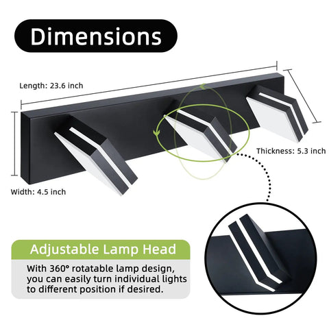 Matte Black 3 Light Bathroom Vanity Fixture With 24W LED Dimmable Over Mirror Lighting dimensions and lamp head detail