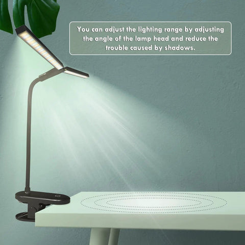 Two Head LED Reading Light With Clip, USB Rechargeable Desk Lamp illuminating desk surface, flexible neck, eye protection feature