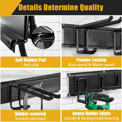 Image showcasing details of Heavy Duty Garage Wall Organizer With 700 Pound Capacity And 48 Inch Wide Wall Mount Tool Rack, including soft rubber pads, powder coating, and rubber-covered features.