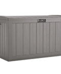 Gray 134-Gallon Extra Large Outdoor Deck Box With Pad Lockable Lid, resin construction, shown in a side view
