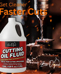 Bottle of multipurpose metal cutting fluid next to a drill bit, labeled as 1 gallon cutting oil made in USA for steel and titanium use.