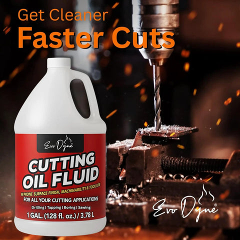 Bottle of multipurpose metal cutting fluid next to a drill bit, labeled as 1 gallon cutting oil made in USA for steel and titanium use.